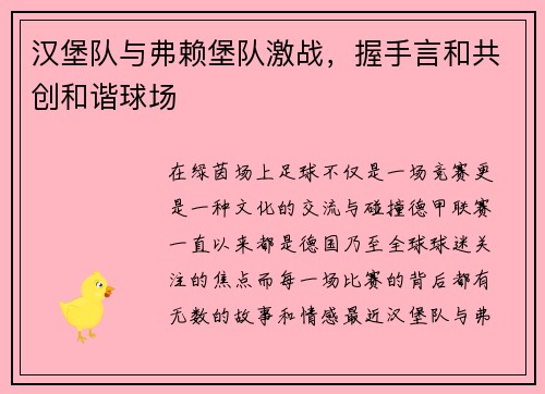 汉堡队与弗赖堡队激战，握手言和共创和谐球场